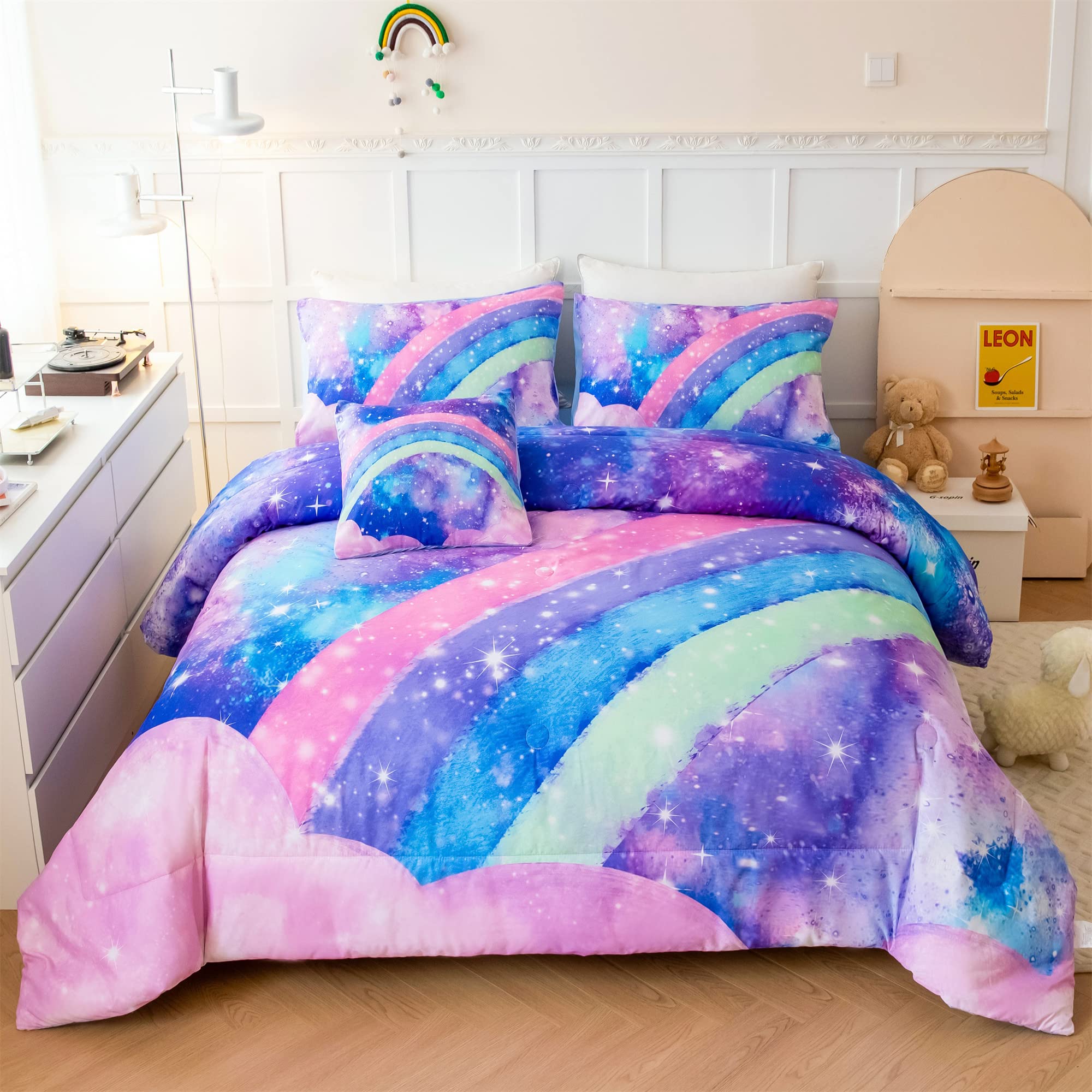 Angiyuin Tie Dye Comforter Girls Twin Comforter Set, 6 Pieces Colorful Rainbow Bed In A Bag, Pastel Gradient Galaxy Bedding Sets